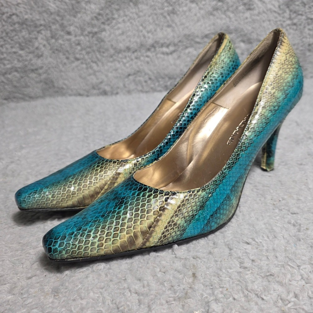 Stacy Adams Heels Leather Snake Print Square Toe Blue Yellow Womens 10‎ M WILD